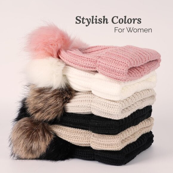 Double Pom Pom Beanie for Women Girls Warm Fleece Lined Knit Black Winter Hat - Picture 2 of 8